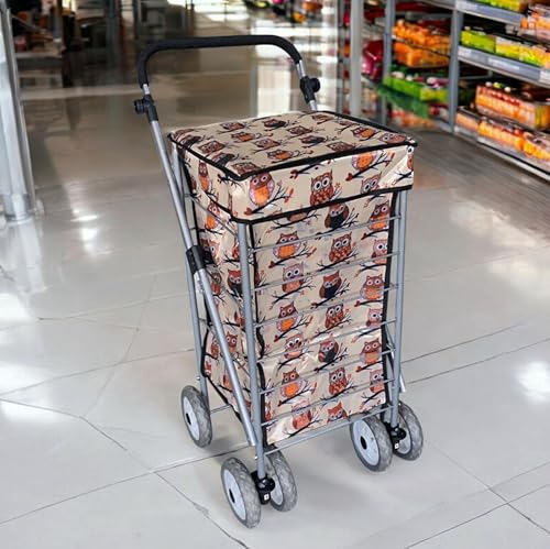 Faboer Large 6 Wheels Lightweight Foldable Shopping Trolley on Wheels – Hard-Wearing Trolley Cart for Storage – Sturdy Push/Pull 6-Wheel Trolley for Shopping and Easy Maneuverability (Beige Owl Print)