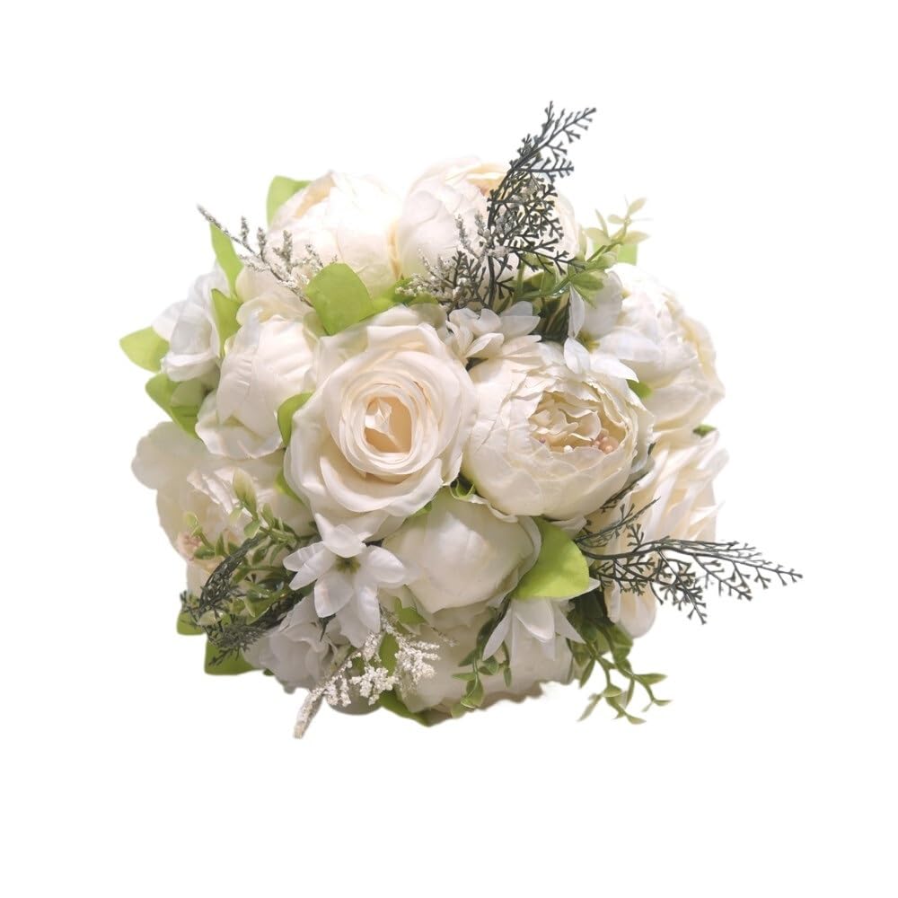HUFFA Artificial Rose Wedding Bouquet - Elegant Fake Flower Decoration for Bride & Bridesmaids(MilkWhite)