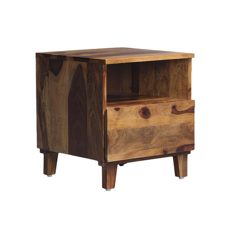 Image of Solid Sheesham Wood Bedside Table for Bedroom | Modern Wooden Nightstand with Storage Shelf & Drawer (Honey Finish)