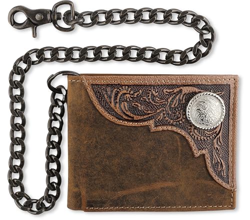 Image of F&L CLASSIC RFID Blocking Mens bi-fold Style Cowhide Leather Steel Chain Wallet, brown western style,texas 82