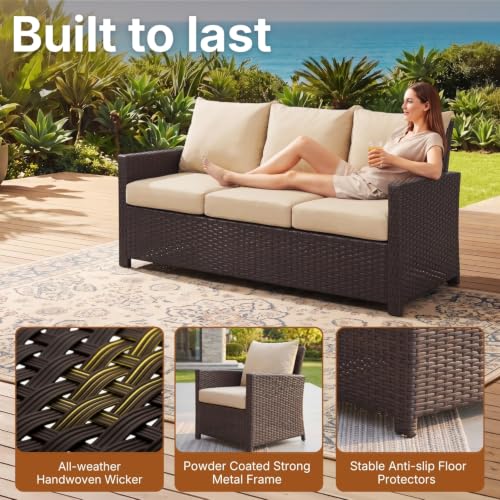 Image of DEVOKO Outdoor 7-Seater Patio Dining Set Sofa with Glass Top Table & Water-Resistant Cushions, Strong Metal Frame for Garden, Porch, Terrace(Dark Brown & Cream)