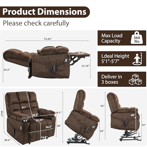 Oversized Zero Gravity Power Lift Recliner Chair for Elderly Adults Big Man Electric Lay Flat Recliner Triple Motor with Heat and Massage, Adjustable Seat Height, Arm Storage, Cup Holder