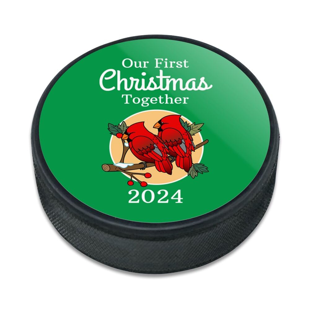 Our First Christmas Together 2024 Red Cardinals on Branch Newlyweds Ice Hockey Puck
