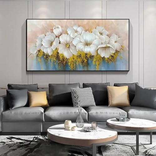 Art mural de luxe grande peinture florale blanche abstraite feuille d'or