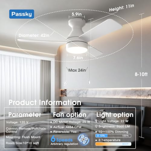 Image of Passky 42 Inch White Low Profile Ceiling Fan with Light, Pull Chain&Remote | Flush mount, pull chain, remote, 3-color dimmable light, quiet reversible DC motor, easy install, memory, timer, bedrooms