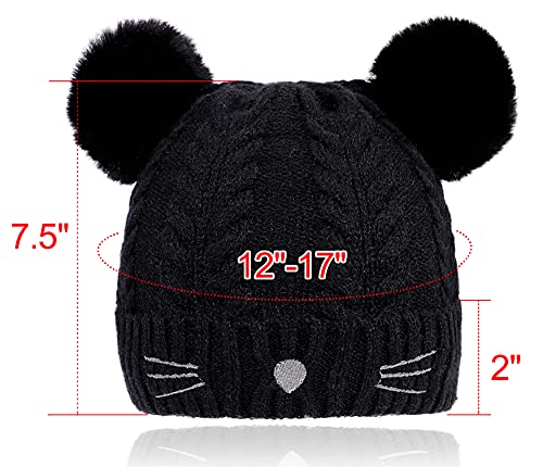 Bienvenu Baby Toddler Boy Girl Winter Beanie Hat, Infant Cute Cat Embroidered Double Pom Pom Knit Hat, Newborn Warm Beanie Hat Cap With Fleece Lining, Black #TOP5