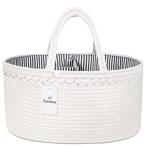 Image of Conthfut Baby Diaper Caddy Organizer 100% Cotton Rope Nursery Storage Bin for Boys and Girls Large Tote Bag & Car Organizer with Removable Inserts Baby Shower Basket