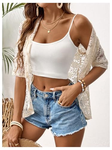 GORGLITTER Women's Floral Lace 3/4 Sleeve Bolero Shrugs Sheer Open Front Cardigan Blazer4