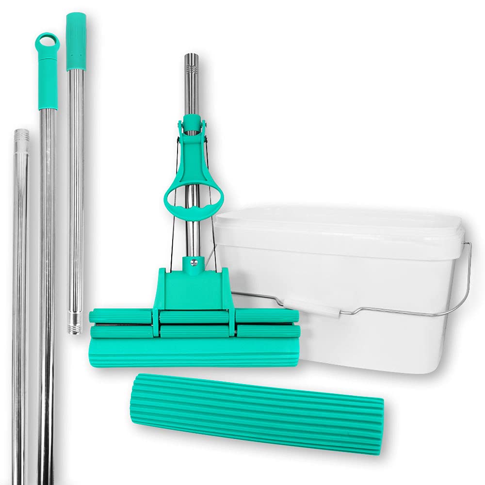 ABACUS® Wischmop Set, Wischmopp extrem saugstark + Ersatzschwamm + Verlängerungsstiel + Eimer, Bodenwischer, Wischer, Mop, Mopp, Bodenreiniger, Bodenmop, Doppelwringer – Green Mop® Set 30 cm (7809.2)