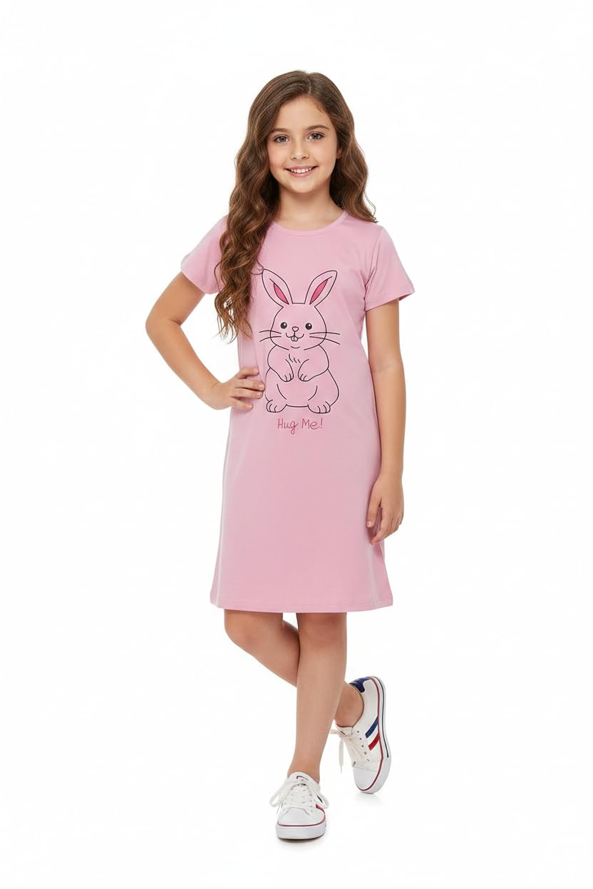 Clotth Theory Girls Cotton Nightdress | Knee Length Nighty | Round Neck Short Sleeve Soft Sleepwear