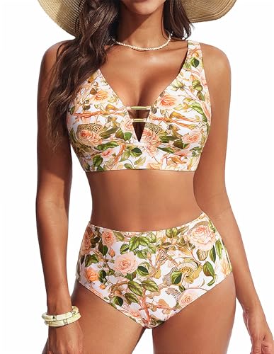 Hanna Nikole Womens Bikini Sets High Waisted Swimsuits Tummy Control Full Coverage Bathing Suits Floral Print Two Piece Sexy Swimwear Yellow Leopard