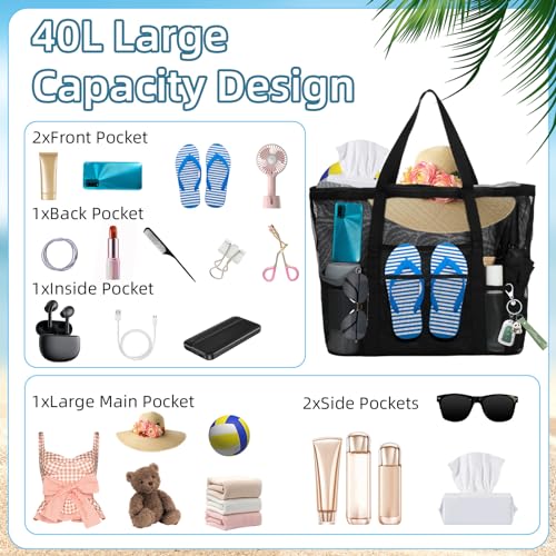 Beach Bag,Multi-Pocket Mesh Beach Bag,Durable & Lightweight Mesh Tote Bag,Beach Bags for Women,Mesh Tote Bag for Vacation,Beach Travel Essentials,42x39x20cm,Black3