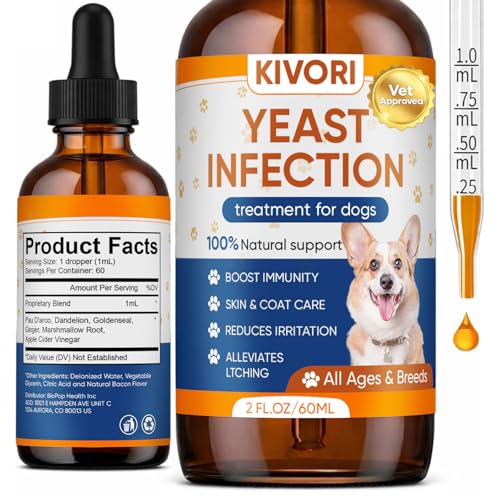 Kivori Yeast Infection Drops for Dogs, Yeast Infection Treatment for Dogs - Dog Ear, Paw & Skin Itch Relief, Improves Coat & Skin, Inflammation Relief - 2 fl oz (60ml) (1)