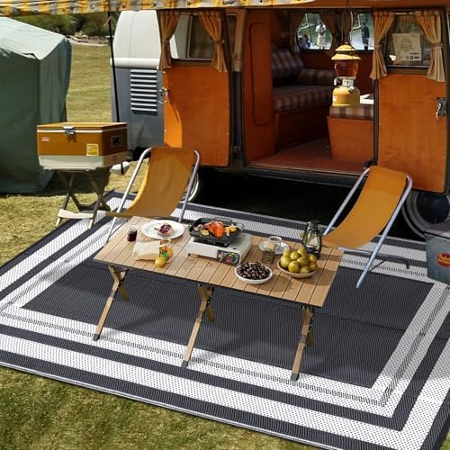 Ixidelu 10' x 14' Outdoor Rug Waterproof, Bordered Plastic Straw Rug for Patio with Carry Bag Reversible UV Resistant Outdoor RV & Camper Carpet for Deck Porch (Grey & White) - 2