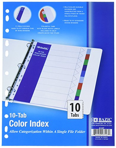 Bazic 3 Ring Binder Tabs with 10 Dividers, 9.5 x 0.1 x 12.3 Inches, Multi-Color Tabs, (6 Pack), (3107)