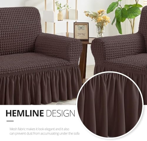 Image of Bails Sofa Cover 1 Seater Fully Covered | Sofa Cover 3 Seater Fully Covered | Sofa Cover 1 Seater | Universal Elastic Bubble Fabric with Frill Sofa Protector Cover (Coffee, 1 Seater)