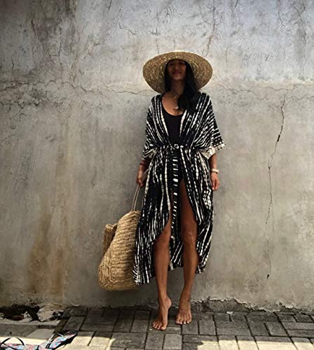 Swimsuit Cover Up Kimonos For Women Tie Dye Long Beach Kimono Cardigans Cover Ups Half Sleeve Black Beach Cover Up Loose Swimsuit Kimono Robes Duster Rayon Beach Coverup With Belt(Jh-732-0-Black) #TOP4