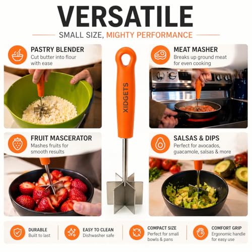 Image of Stainless Steel Mini Meat Chopper & Cocktail Muddler| 6-Blade Chopper Tool | Small Smasher | Compact Ergonomic Handle | Dishwasher Safe - 7 inch (Retro Orange Mini)