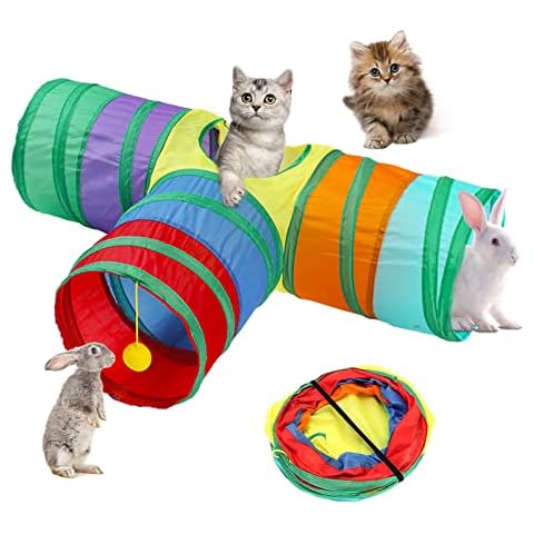Maotrade Cat Tunnel 3 Way Collapsible Rabbit Tunnel Extensible Cat Tunnels for Indoor Cats Pet Tent Interactive Toy with Pompom for Small Animal Bunny Guinea Pigs Puppy Kitty Cover