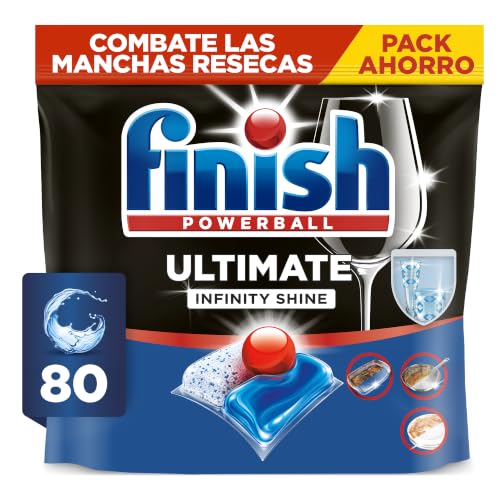 Finish Powerball Ultimate Infinity Shine, pastillas para el lavavajillas con poder quitagrasas y protección del cristal, 80 pastillas
