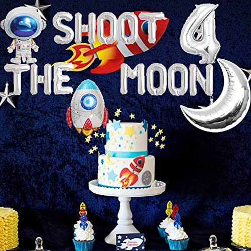 Vetwo Shoot 4 The Moon Balloons Silver Outer Space 4Th Birthday Party Banner Love You To The Moon And Back/Astronaut/Space Man/Robot/Galaxy/Ufo Theme Happy Fourth Birthday Party Supplies Decorations #TOP2