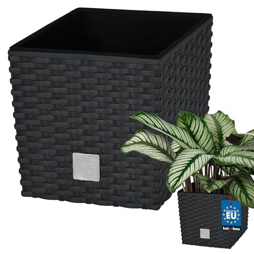 KOTARBAU® Macetero con Maceta Interior, 220 mm, Ratan sintético, Antracita - Gris Oscuro, Maceta Rato con patrón de Trenzado Que imita el Mimbre, Maceta Interior separada, extraíble, Cesta