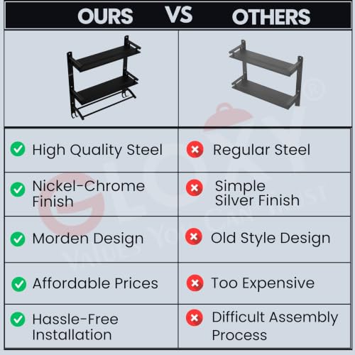 Image of GLOXY Premium Combo Pack of 3 Matte Black Stainless Steel Bathroom Shelves | 2-Layer Storage Rack with Towel Holder Bathroom Organizer for Home, Office & Restaurants