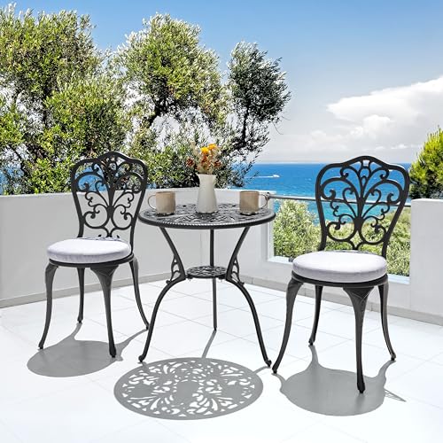 Image of NUU GARDEN 3 Piece Outdoor Bistro Table Set, All Weather Cast Aluminum Patio Bistro Sets Patio Table and Chairs Set of 2 with Umbrella Hole for Yard, Garden, Balcony, Black
