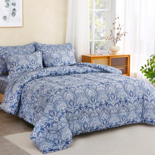 Image of lasoftan Floral Queen Comforter Set with Sheets, 7 piece Luxury Vintage Bedding, Soft Microfiber Bed in a Bag, Cozy Lightweight Bed Set, Blue Paisley