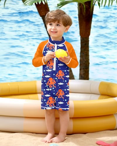 Image of BesserBay Baby Boy Swimsuit UPF 50+ Zip Front Long Sleeve Snaps Bottom One Piece Rash Guard 0-36 Months