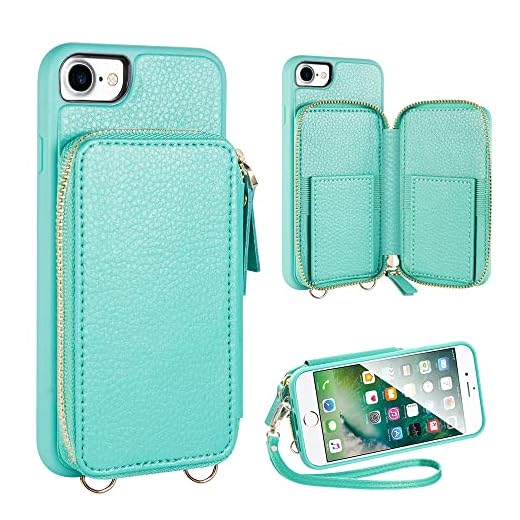 ZVE Wallet Case for Apple iPhone 8 and iPhone 7, 4.7 inch, Zipper Wallet Case with Credit Card Holder Slot Handbag Purse Wrist Strap Protective Case for iPhone 8/7/SE(2020), 4.7 inch - Blue