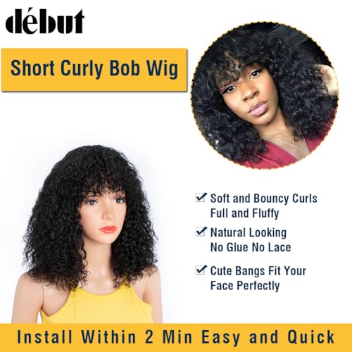 DÉBUT Human Hair Bob Wig With Bangs & Curly Style, Short Jerry Curl Wig for Black Women 150% Density, Non Lace Front - Image 2