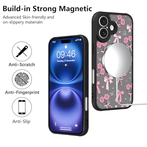 Image of KANGHAR Case for iPhone 16 Bows Bouquet Pattern | [Compatible with Magsafe] Cute Flowers Florals Protective Magnetic Case for Girls Women Men