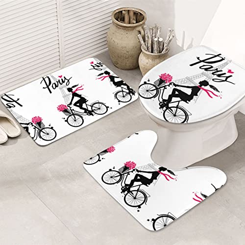 Paris Eiffelturm Mädchen Fahrradteppich Matten Pads Badteppich Set 3 Stück + Konturteppich + Toilettendeckelbezug