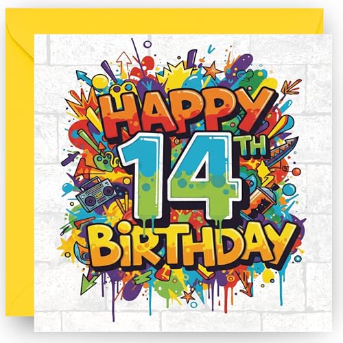 14th Birthday Card Gift for Boys and Girls – Son Grandson - Graffiti Style Design – Happy 14 Years Old – with Vibrant Yellow Envelope - Size 14cm