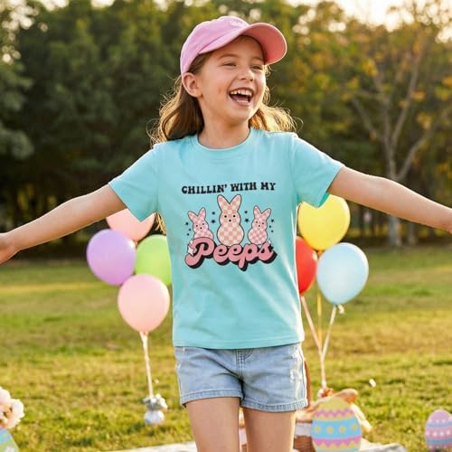 Image of CM C&M WODRO Kid Girl Easter Bunny T-Shirt Chillin' with My Peeps Shirt Short Sleeve Funny Happy Easter Graphic Tees Tops