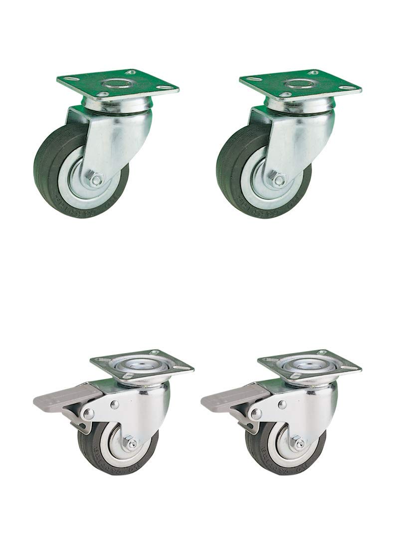 Set 4 Ruote 60mm portata 200kg in Gomma nera con Piastra girevole in Acciaio e Freno per carrelli e mobili Made in Italy