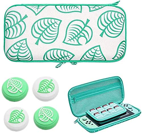SparkSkies Carrying Case for Nintendo Switch, Green Leaf Hard Shell Protector for Animal Crossing NS Console and Accessories, Portable Storage Bag with 8 Game Card Slots & Replaceable Grips for Switch