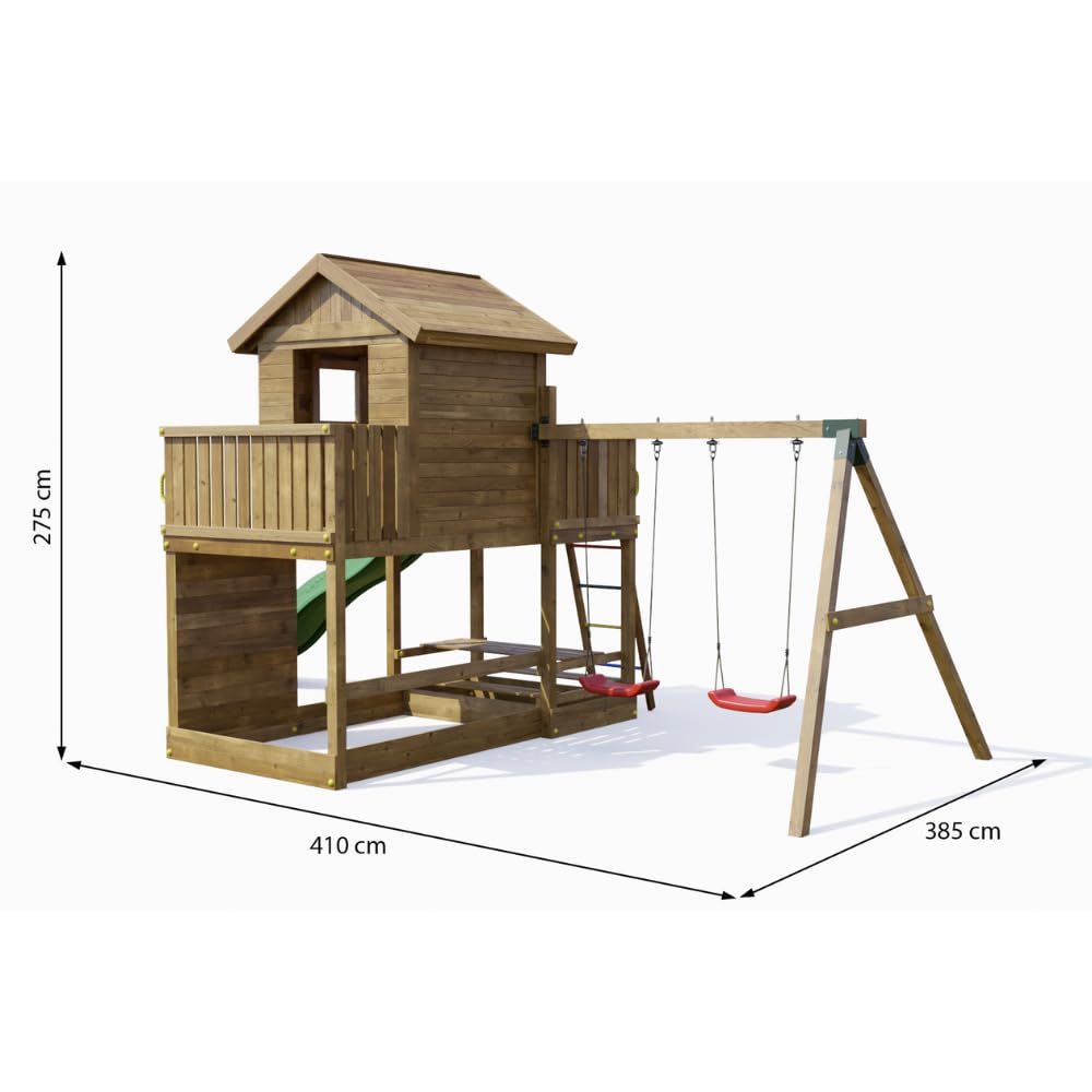 Casetta Parco Giochi in Legno da Giardino Fungoo Mars con Scivolo 2,2 m, 2 Altalene, Tavolo Picnic, Parete Arrampicata e Sabbiera – Struttura Completa per Bambini 3-10 Anni