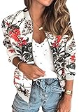 ECOWISH Women's Casual Floral Zip Up Inspired Bomber Jacket Leopard Coat Stand Collar Lightweight Short Outwear Tops 333 White Medium