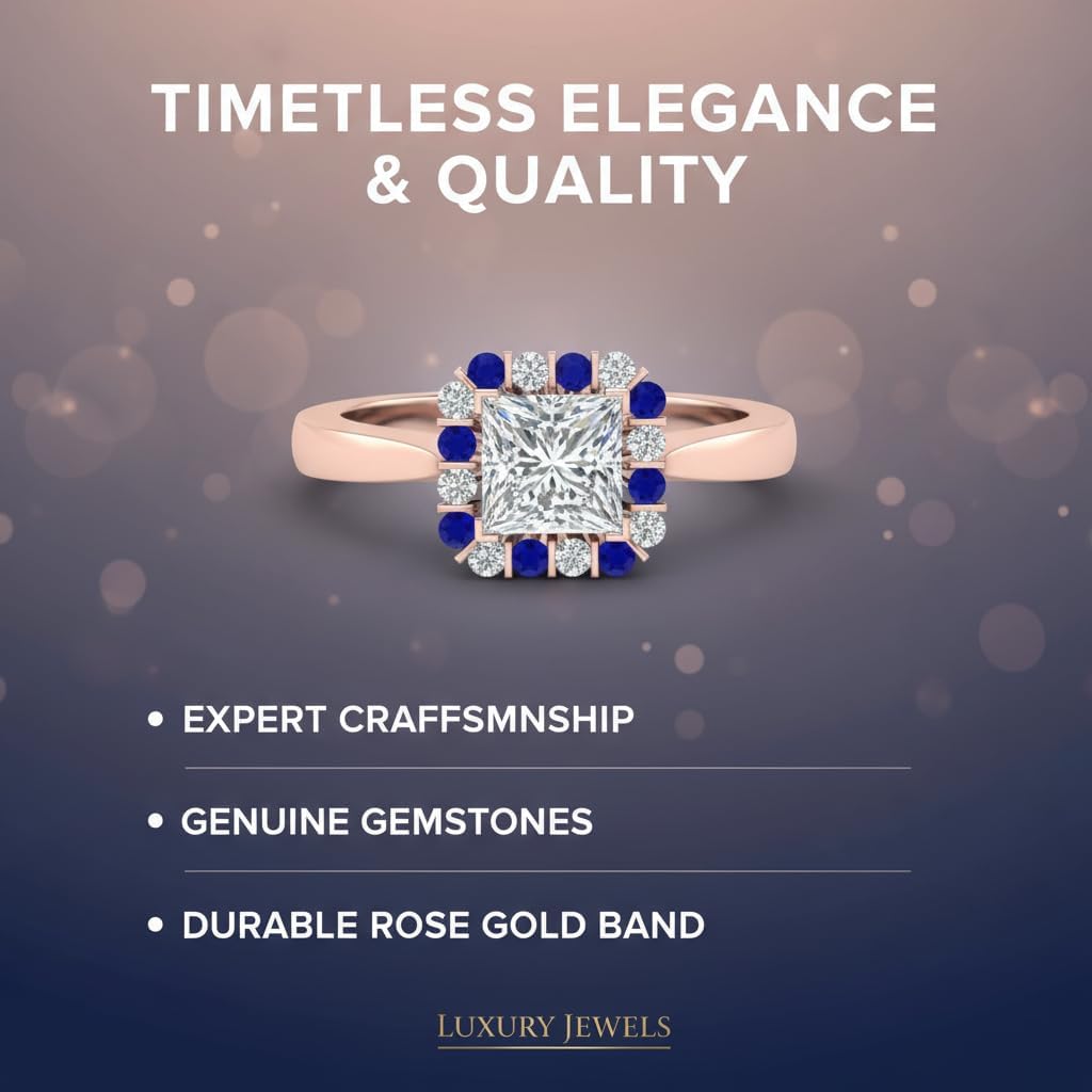 Choose Your Gemstone Floating Halo Diamond CZ Ring Rose Gold Plated Princess Shape Halo Engagement Rings Everyday Jewelry Wedding Jewelry Handmade Gifts for Wife US Size 4 to 12