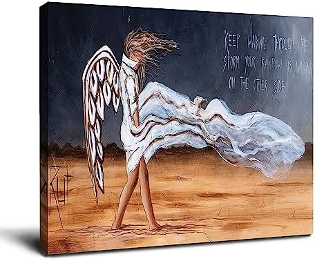 Angel Wing Abstract Canvas Print Wall Art Painting Keep Walking Through The Storm Inspirational Angel Motivational Words Wall Decor Wall Painting Ready to Hang(20x24 Inch).