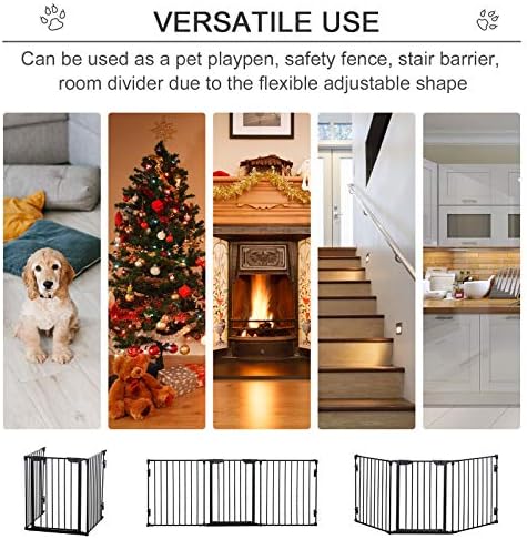 PawHut Pet Safety Gate 3-Panel Playpen Fireplace Christmas Tree Metal Fence Stair Barrier Room Divider with Walk Through Door Automatically Close Lock Black