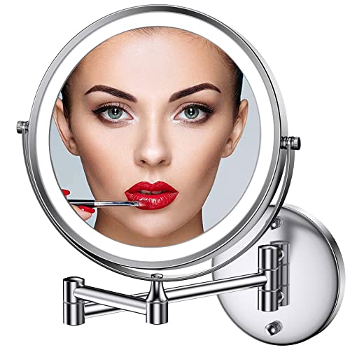 La Mejor Selección de Espejos de aumento de pared los mejores 10. 43 Espejo de Maquillaje HD,LED Espejo de Maquillaje Montado en Pared ,Funciona con 4 AAA Pilas(Pilas no Incluidas),10x Espejo de Aumento,Brazo Extensible,Rotación de 360° para...