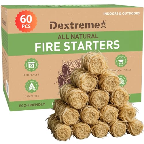 Dextreme Fire Starter (60 PCS) Natural Fire Starters for Campfire, Charcoal Starter, Fireplace, Wood Stove, BBQ, Chimney, Fire Pit, and Grill | All Weather, Odorless, Non-Toxic, w/10 Min Burning Time