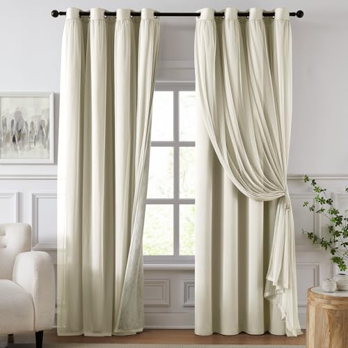 Image of 100% Blackout Curtains for Bedroom, Double Layer Beige Curtains, Black Out Curtain 108 inch long With Sheer Overlay for Living Room, Room Darkening Window Drapes with Grommet, 52 inchW x 108 inchL