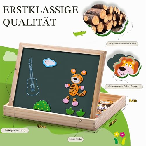 Uping Magnetisches Holzpuzzle 100 Stück, Doppelseitige Magnettafel, Zeichenbrett Farbstifte Kreiden, Wald and Tier Puzzles Spielzeug für ab 3 Jahre