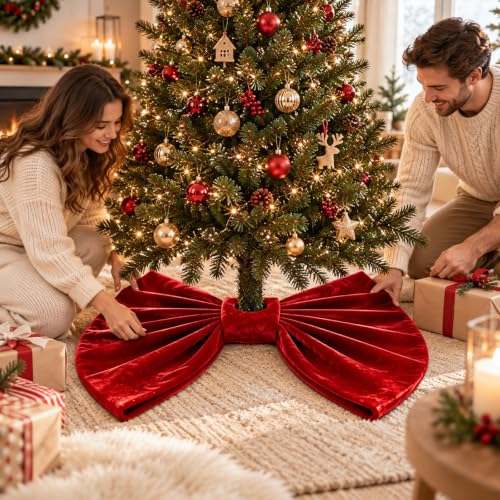 35.4in Large Base Bow Christmas Tree Skirt Decor Mat for Holiday Display - image 7