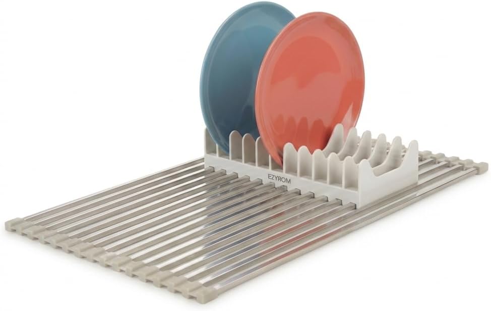 Large Aluminum Roll Up Dish Drying Rack (20.5" x 13") - Fits Sinks up to 19.5 Inches, Heavy Duty Square Bar, Rust-Proof & Heat Resistant with Removable Dish Holder (Beige Large)