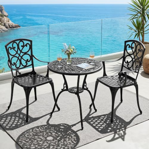 Image of NUU GARDEN 3-Piece Outdoor Bistro Set, Round 23.8 Inch Cast Aluminum Bistro Table with Umbrella Hole and 2 Cast Aluminum Bistro Chairs, for Patio, Garden, Backyard and Balcony, Black